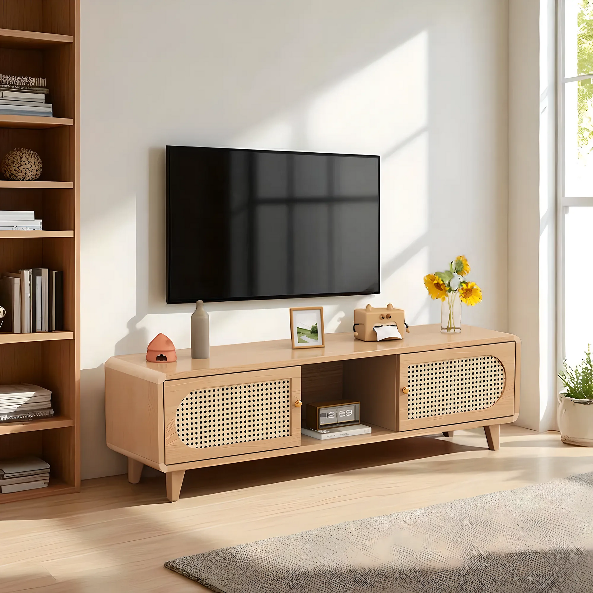 Solid Wood & Rattan TV Stand and Coffee Table Set – Modern Look 
