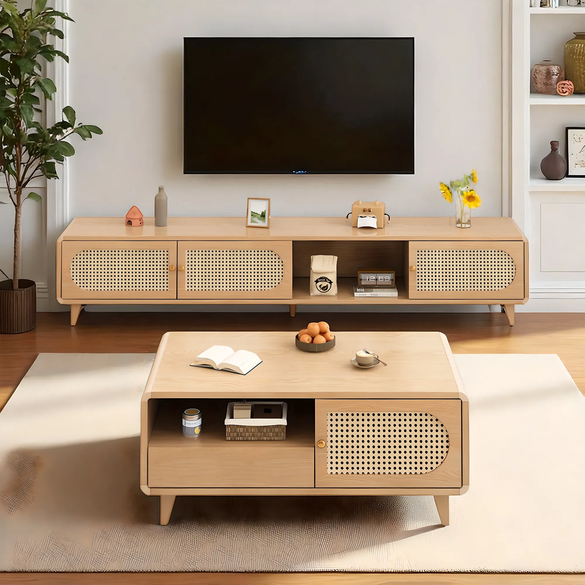 Solid Wood & Rattan TV Stand and Coffee Table Set – Modern Look 