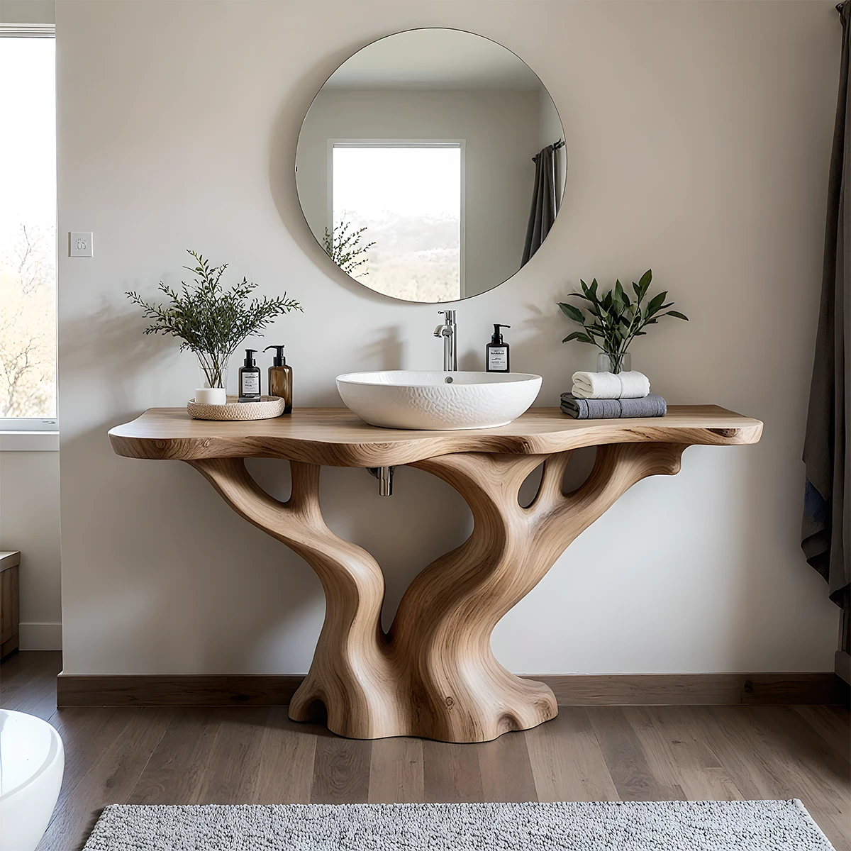 Solid Wood Sculpted-Base Bathroom Vanity – Organic Curved Design - Rustira