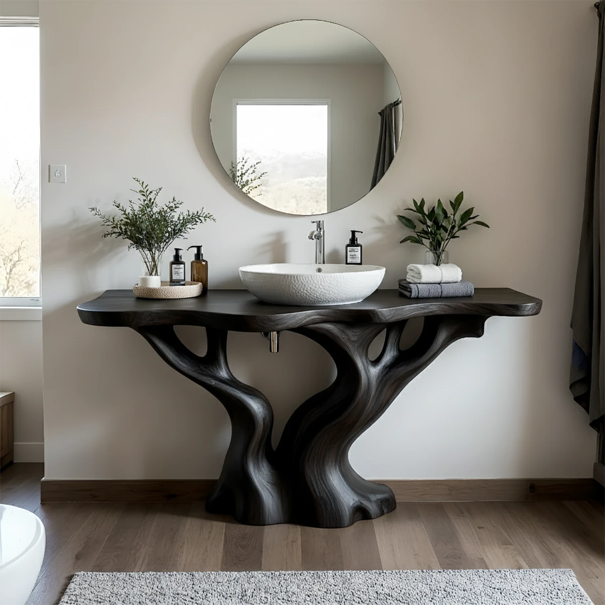 Solid Wood Sculpted-Base Bathroom Vanity – Organic Curved Design - Rustira
