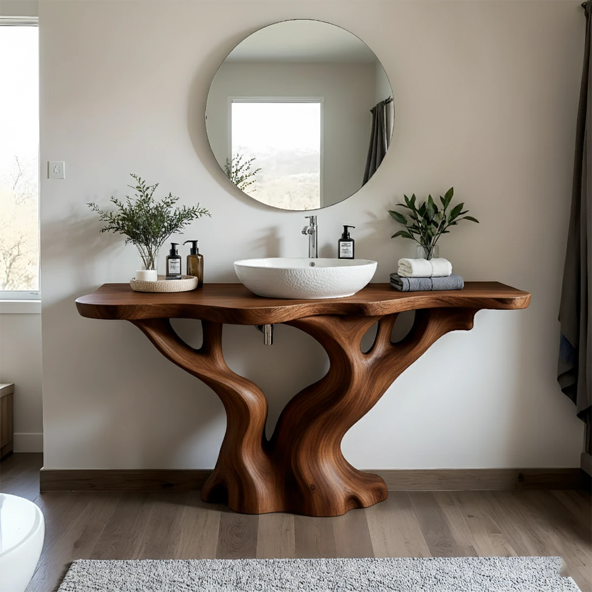 Solid Wood Sculpted-Base Bathroom Vanity – Organic Curved Design - Rustira