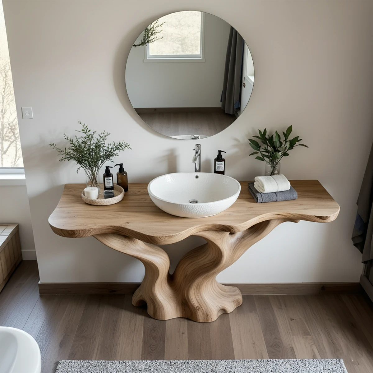 Solid Wood Sculpted-Base Bathroom Vanity – Organic Curved Design - Rustira