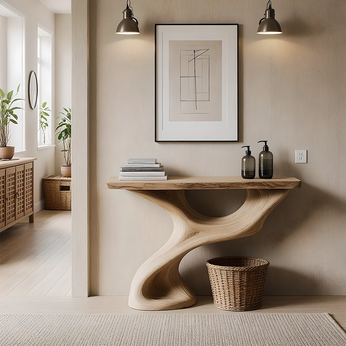 Solid Wood Sculptural Console Table – Organic Flow Form - Rustira