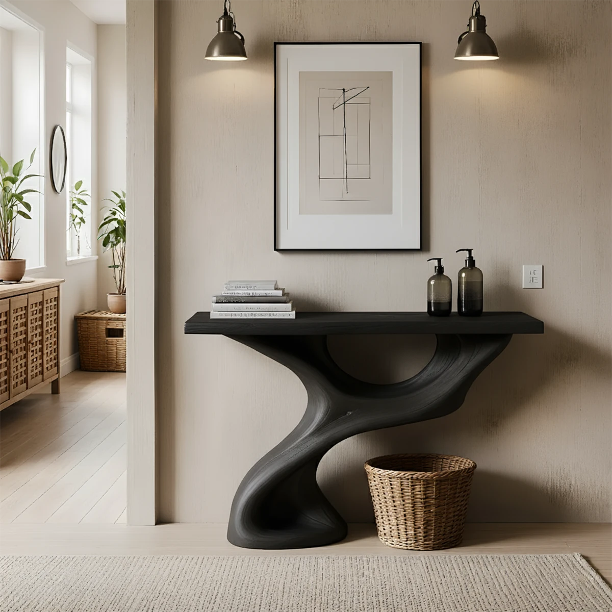 Solid Wood Sculptural Console Table – Organic Flow Form - Rustira