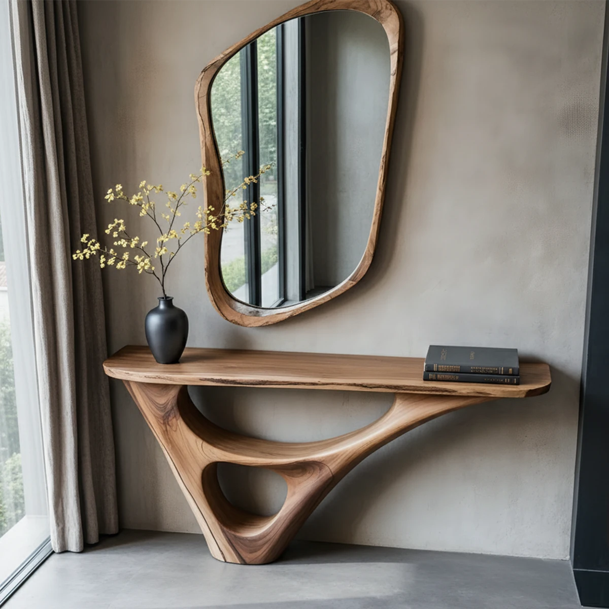 Solid Wood Sculptural Console Table with Fluid Carved Base - Rustira