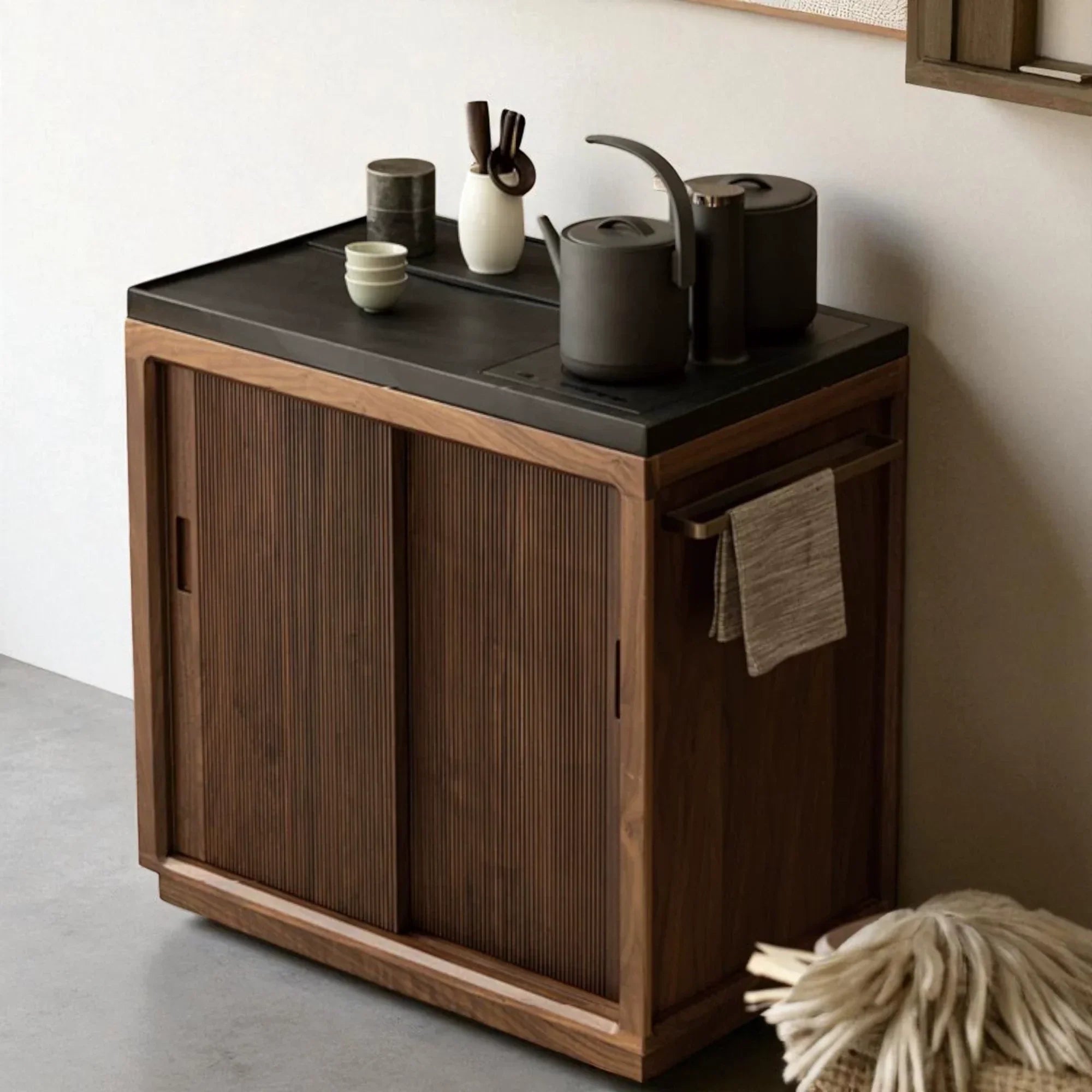 Solid Wood Tea Cabinet – Sliding Door Asian Style Design - Rustira