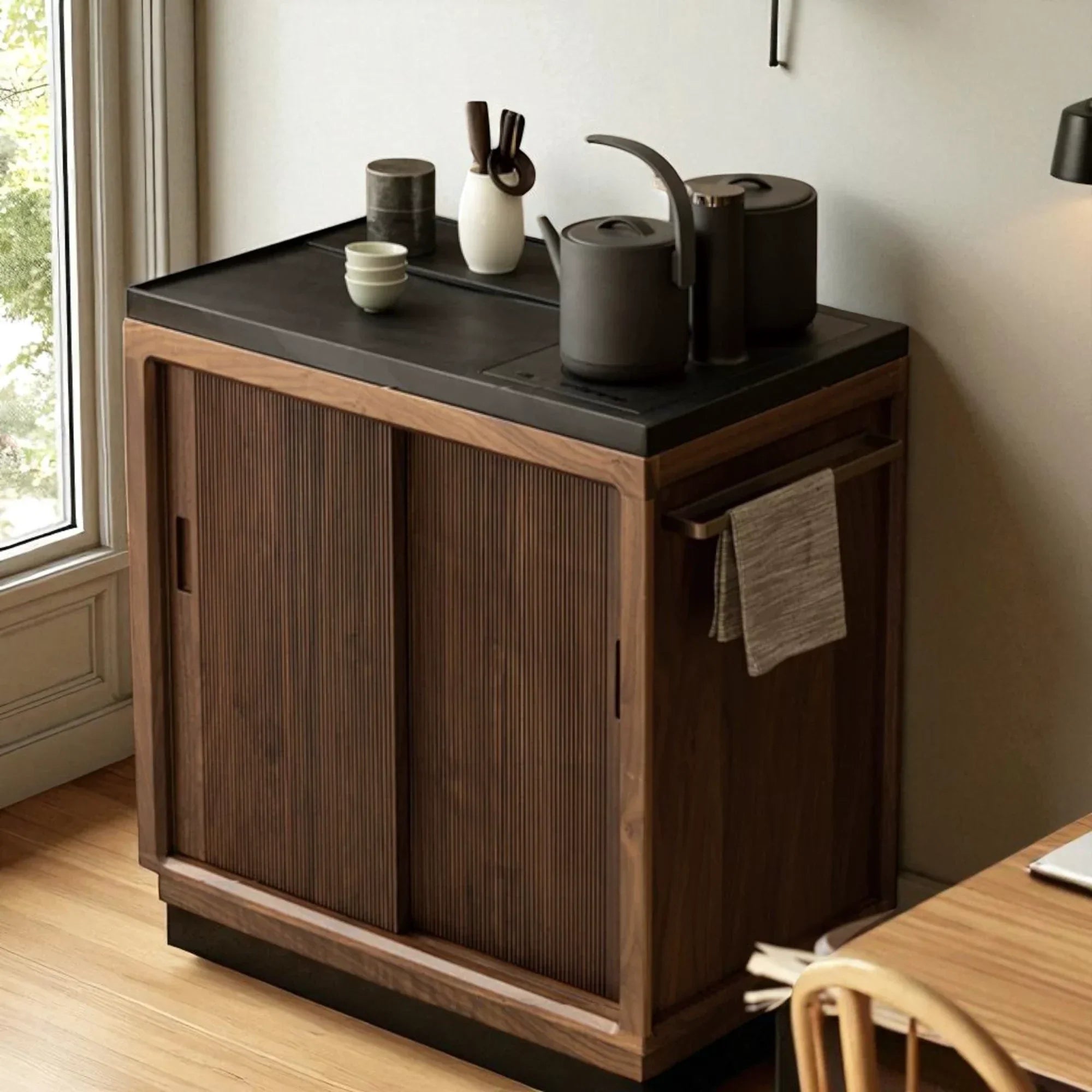 Solid Wood Tea Cabinet – Sliding Door Asian Style Design - Rustira