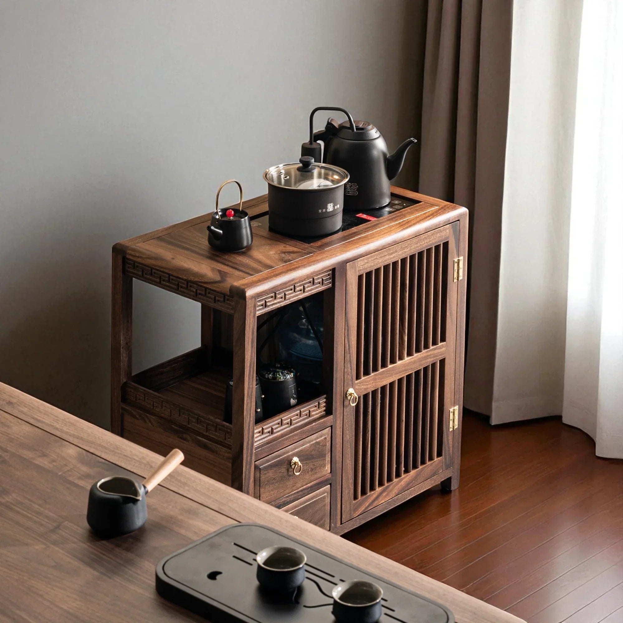 Solid Wood Tea Cabinet – Traditional Storage with Sliding Doors - Rustira