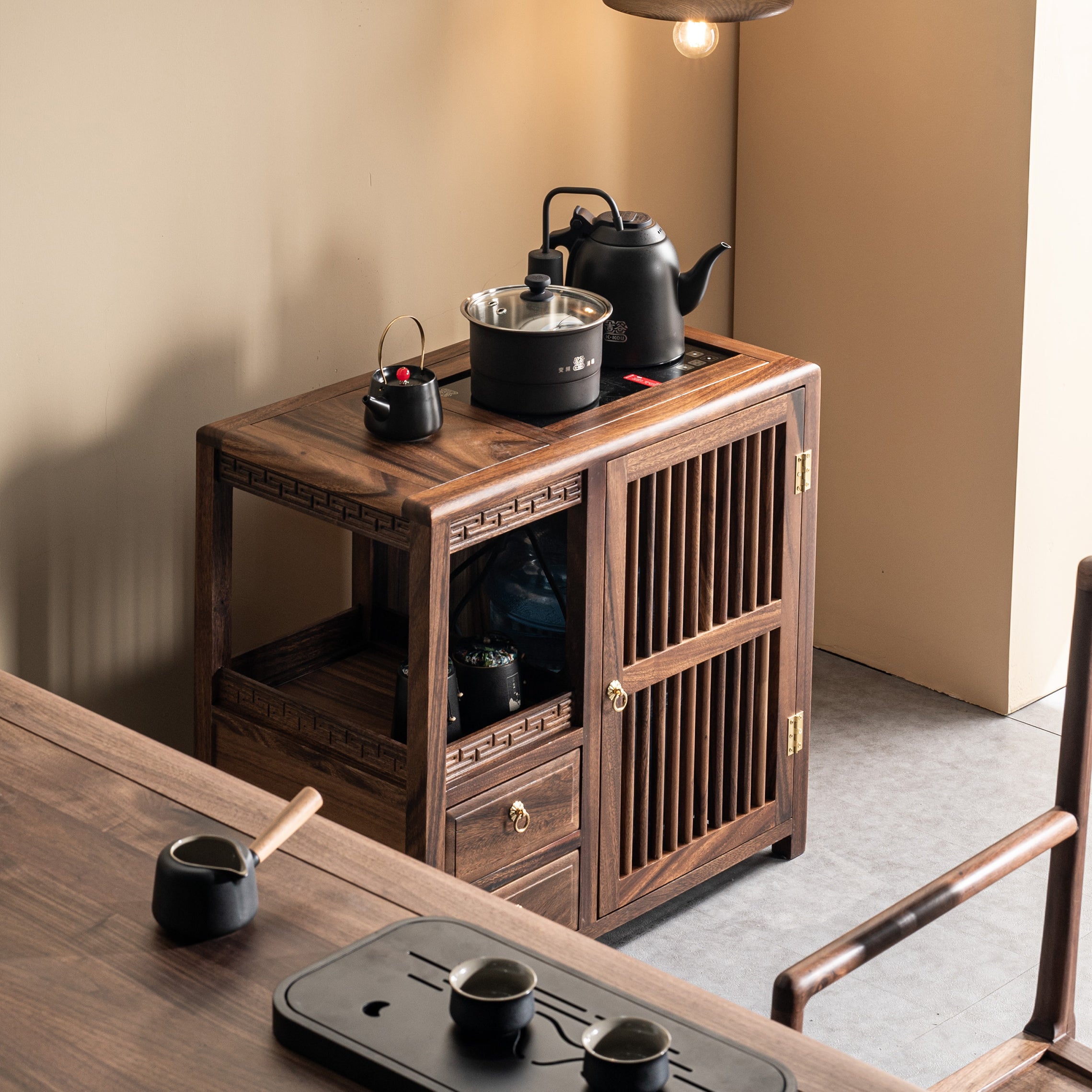 Solid Wood Tea Cabinet – Traditional Storage with Sliding Doors - Rustira