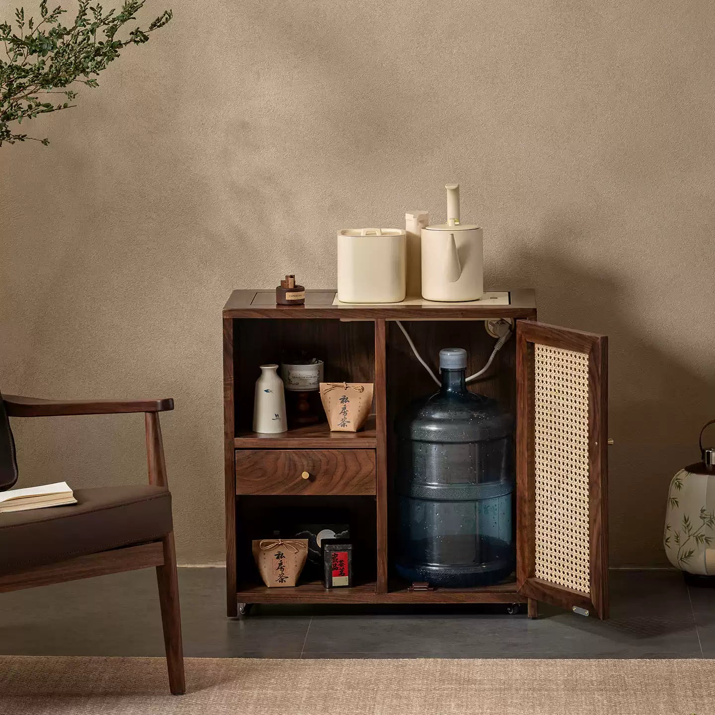 Solid Wood Tea Cabinet with Rattan Door – Storage & Brewing - Rustira