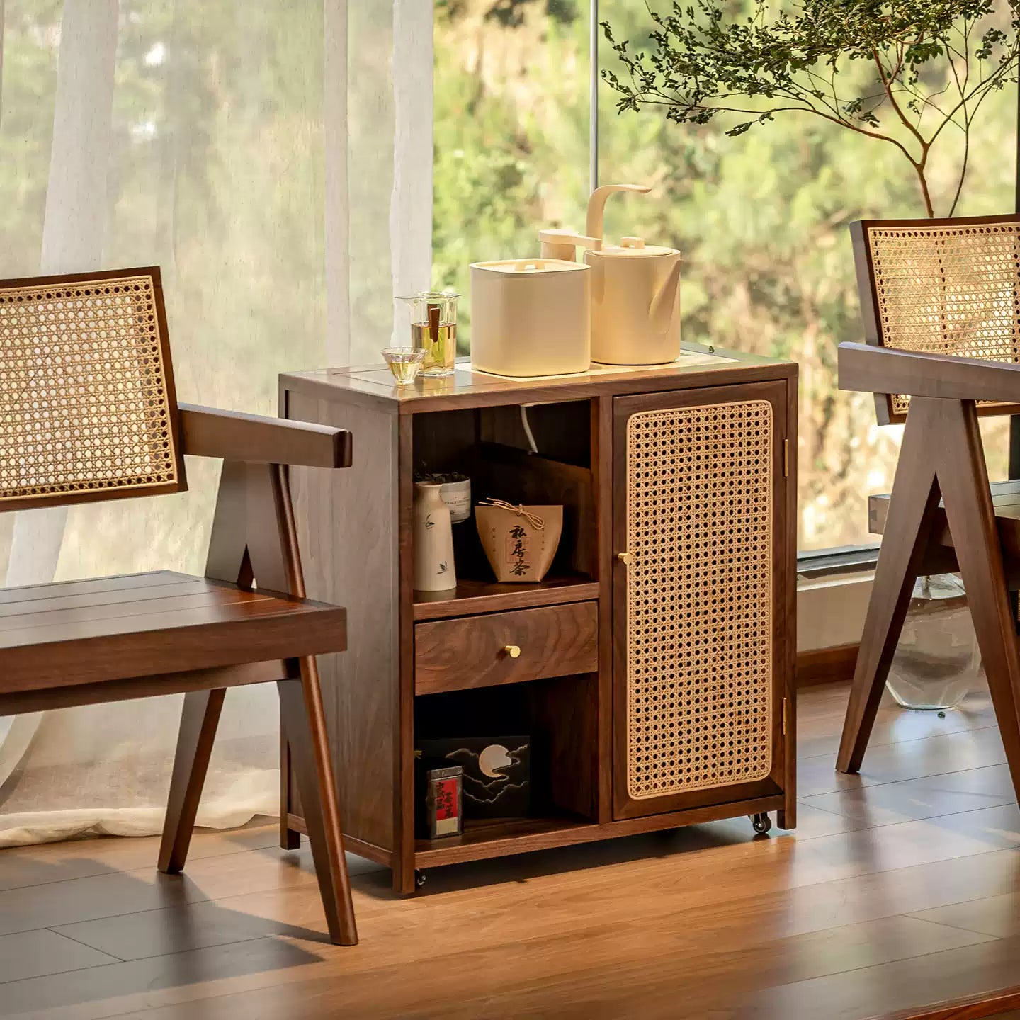 Solid Wood Tea Cabinet with Rattan Door – Storage & Brewing - Rustira