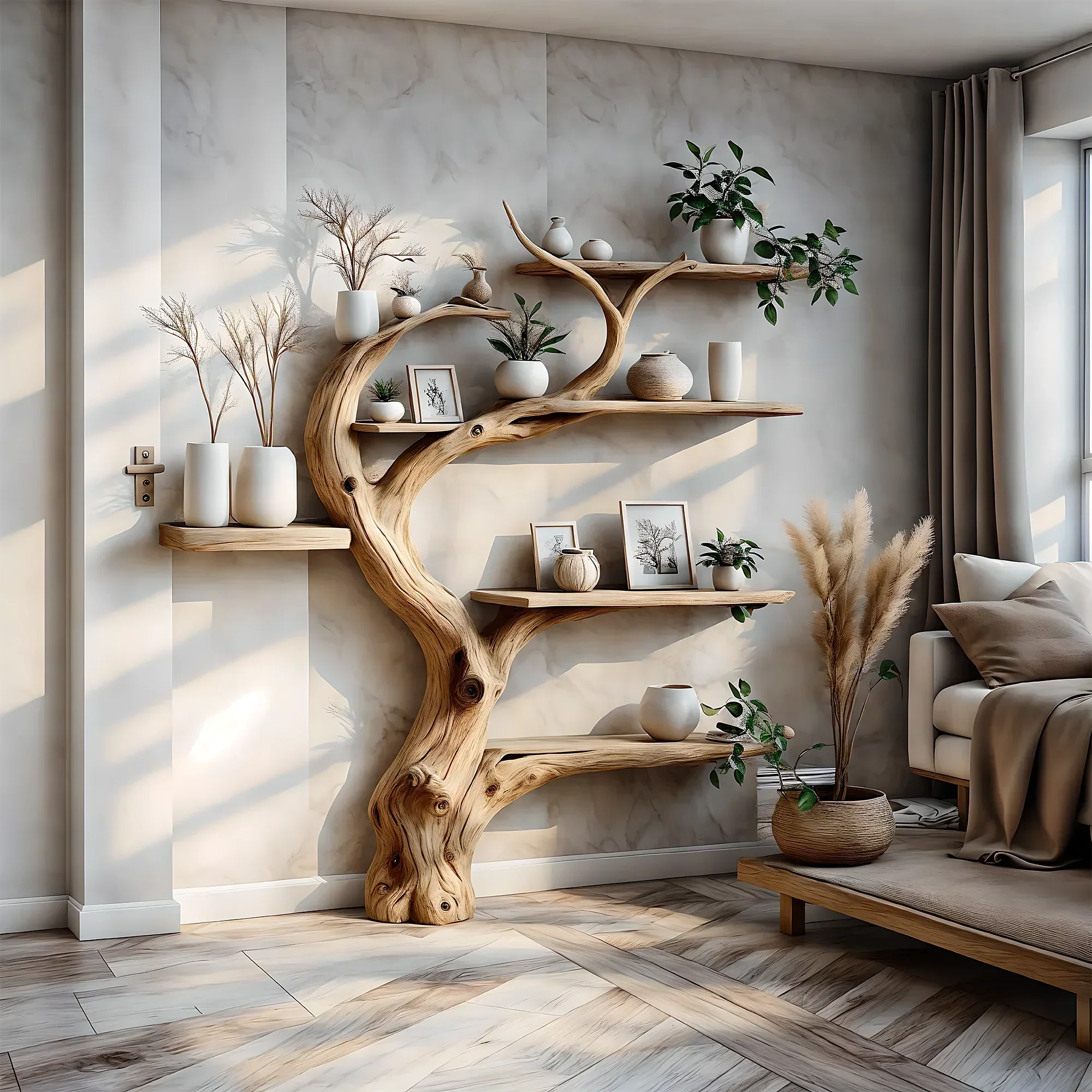 Tree branch bookshelf decorated with driftwood. Solid wood bookshelf decorates interior walls 