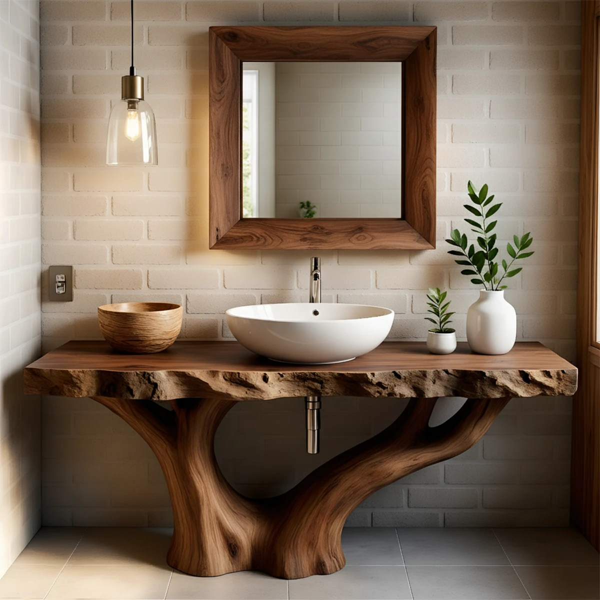 Solid Wood Tree Trunk Bathroom Vanity – Natural Live-Edge Design - Rustira