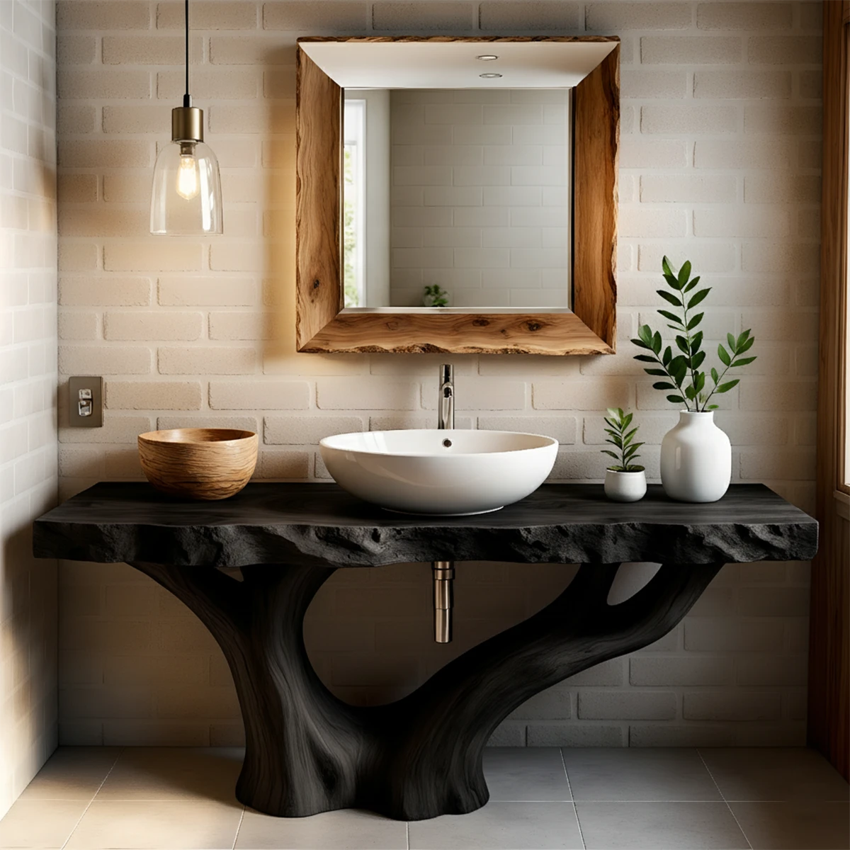 Solid Wood Tree Trunk Bathroom Vanity – Natural Live-Edge Design - Rustira