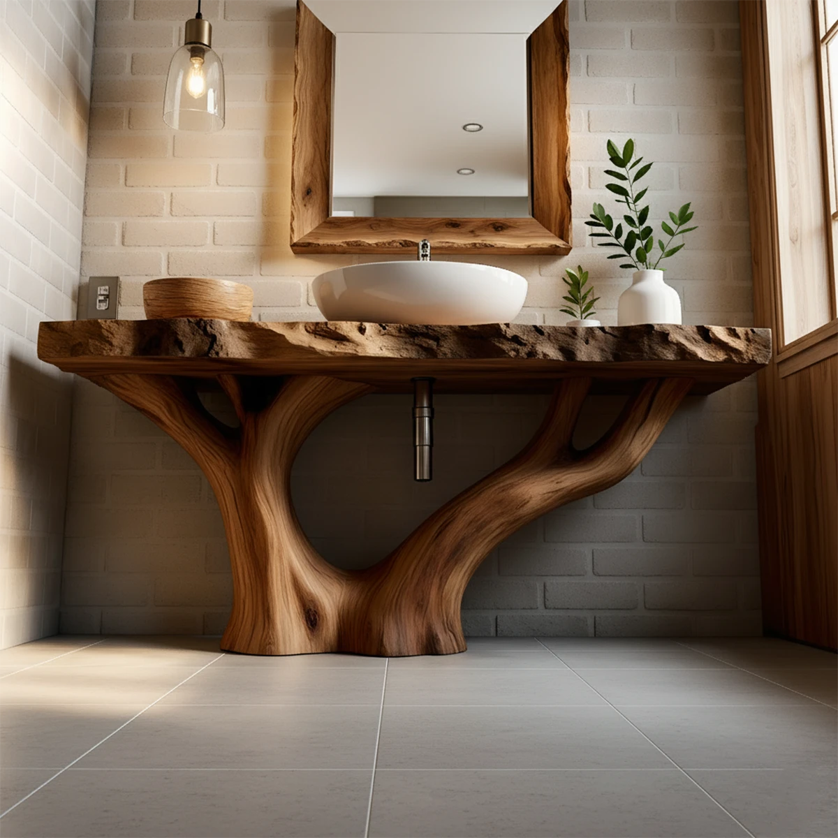 Solid Wood Tree Trunk Bathroom Vanity – Natural Live-Edge Design - Rustira