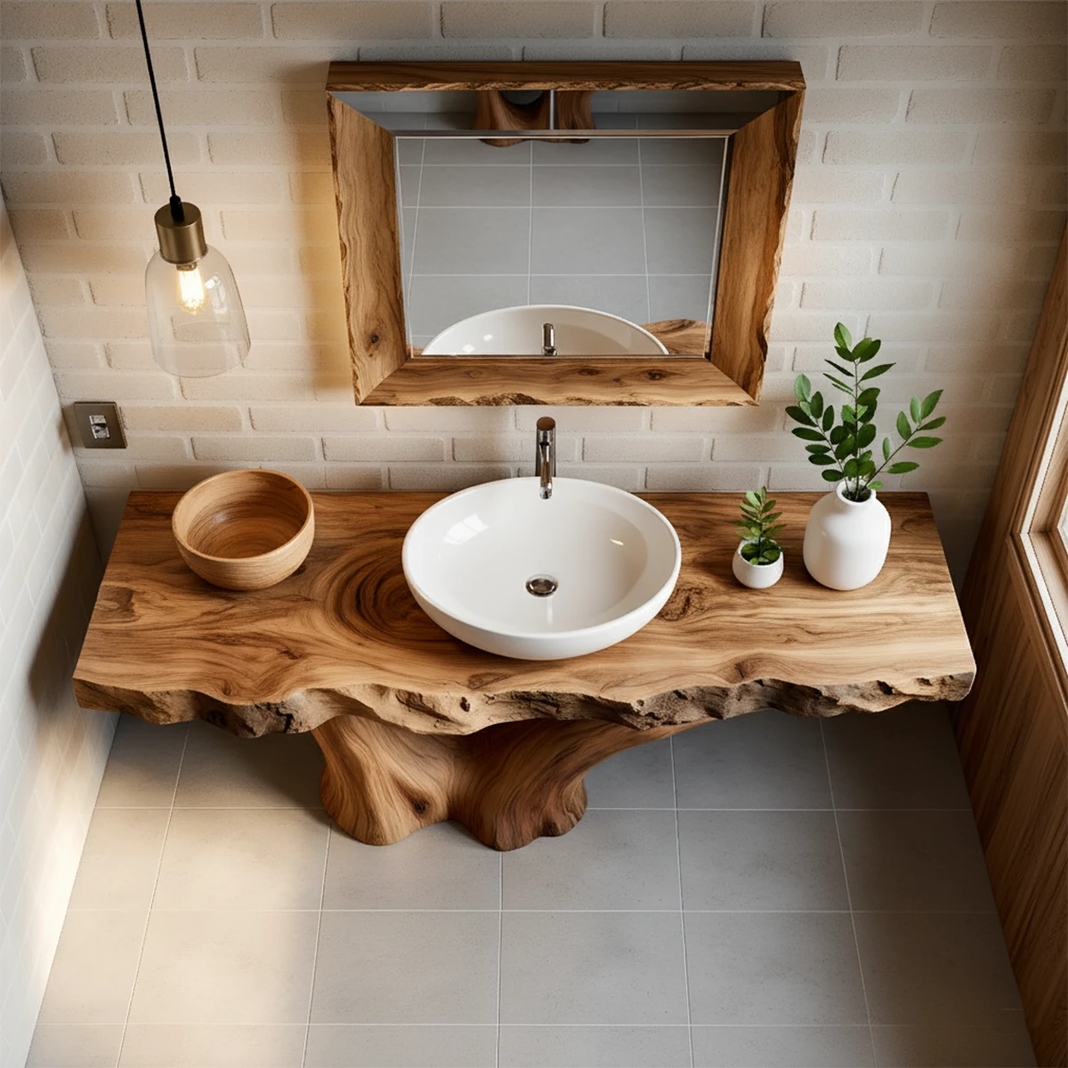 Solid Wood Tree Trunk Bathroom Vanity – Natural Live-Edge Design - Rustira