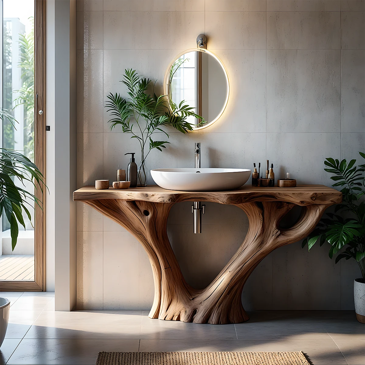 Solid Wood Tree Trunk Bathroom Vanity – Sculpted Live-Edge Base - Rustira