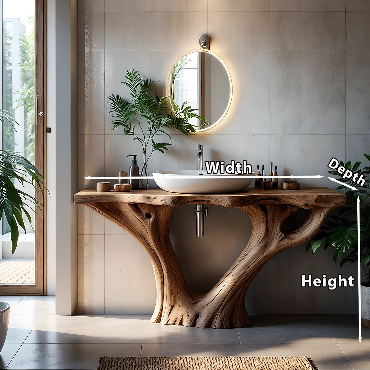 Solid Wood Tree Trunk Bathroom Vanity – Sculpted Live-Edge Base - Rustira