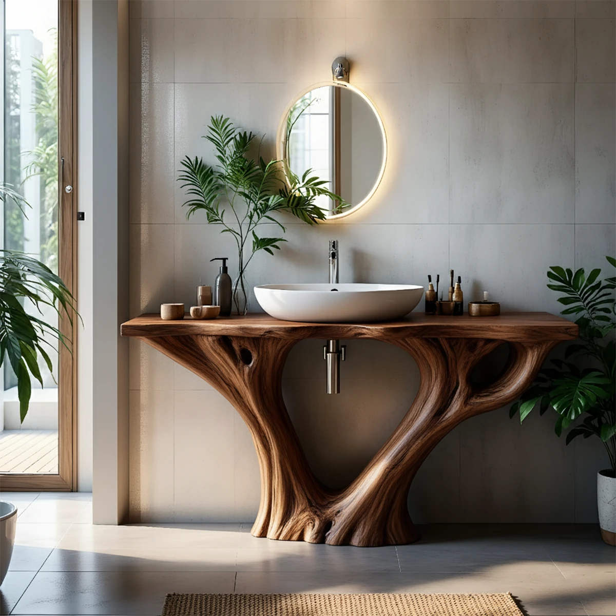 Solid Wood Tree Trunk Bathroom Vanity – Sculpted Live-Edge Base - Rustira