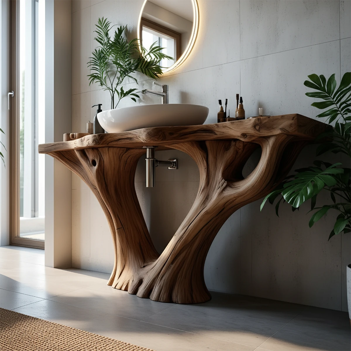 Solid Wood Tree Trunk Bathroom Vanity – Sculpted Live-Edge Base - Rustira