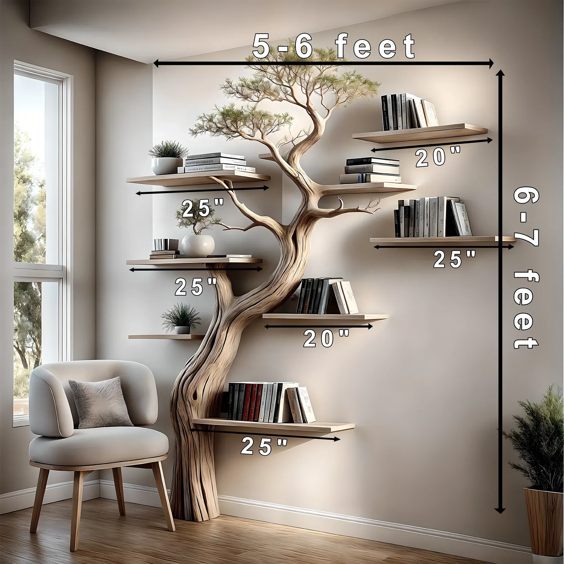 Solid perennial wood bookshelf, floating shelf, tree-shaped bookshelf 