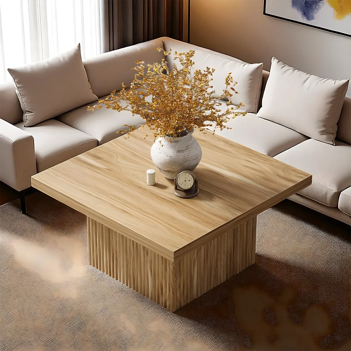 Square grooved wooden tea table, grooved base, modern Nordic style 