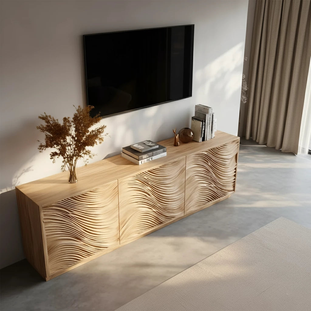 Sunlit Wave Carved Solid Wood TV Stand – Natural Breeze Edition - Rustira