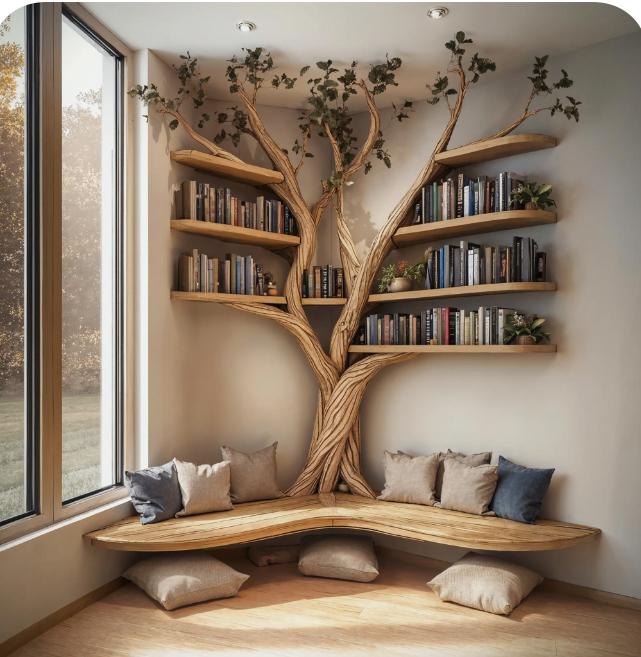 Tree Bookshelf with Reading Nook – Handmade Solid Wood - Rustira