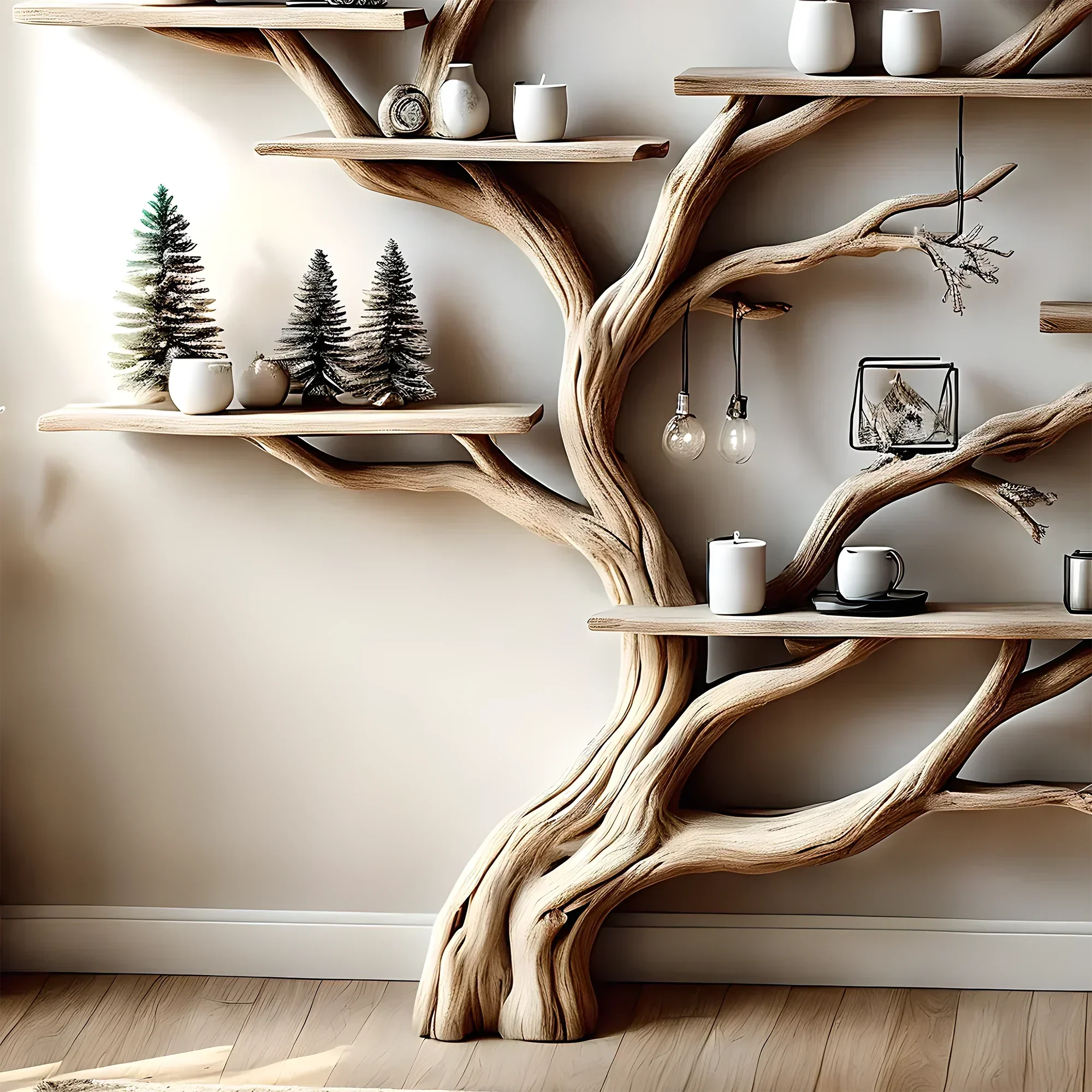 Narrow floating living table with solid wood bookcase and floating bookshelf 