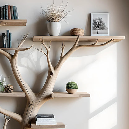 Tree floating book shelf wall mount solid wood walnut bookcase decor. 