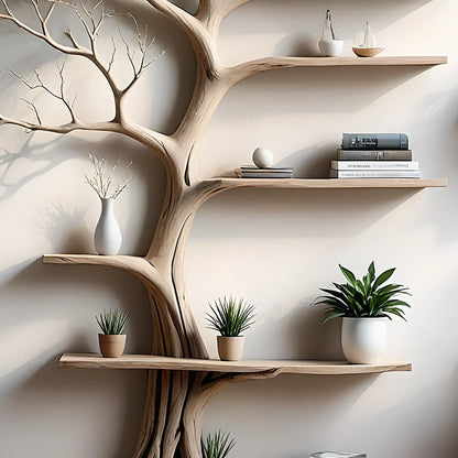 Tree-shaped bookshelf, 100% handmade, solid wood shelf, floating shelf, living room decoration shelf, natural wood shelf 
