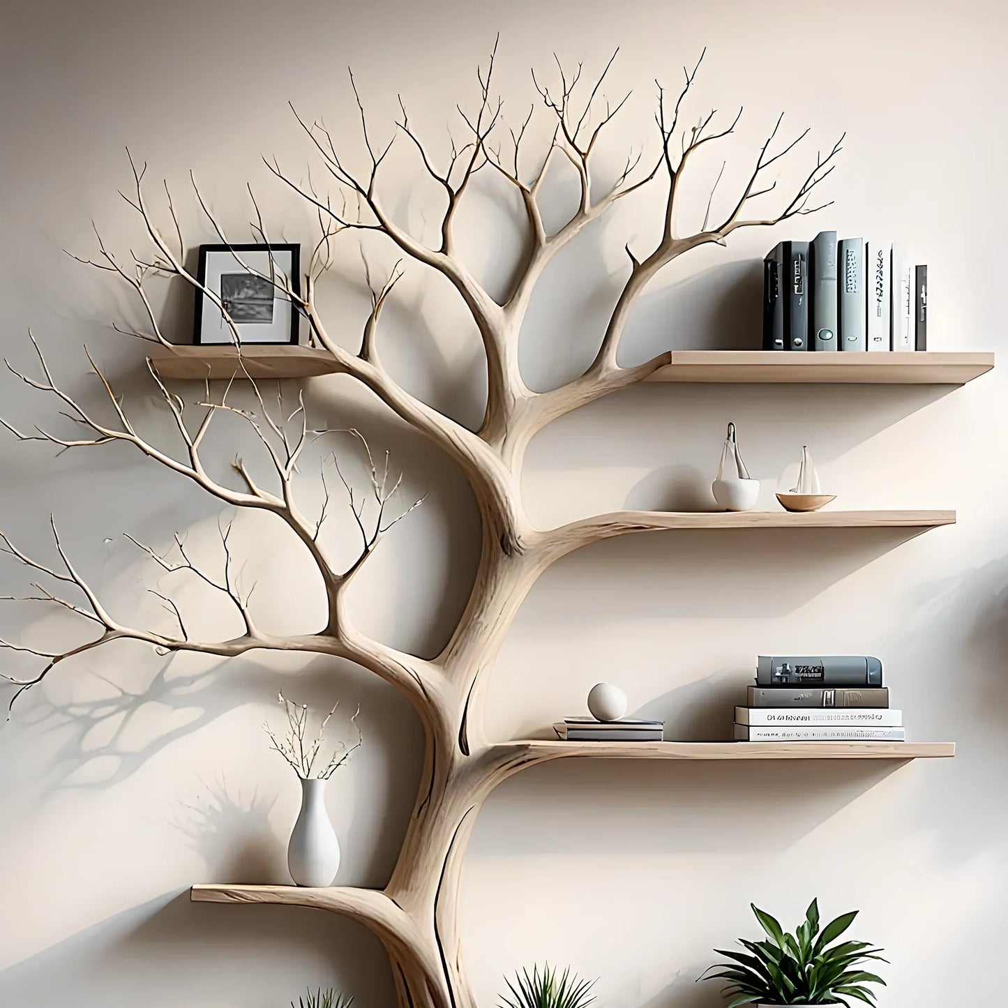 Tree-shaped bookshelf, 100% handmade, solid wood shelf, floating shelf, living room decoration shelf, natural wood shelf 