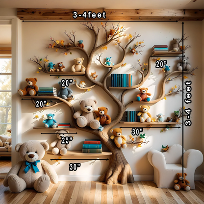 Tree-shaped bookshelf for children's room - Natural wood furniture, convenient and safe toy display shelf 