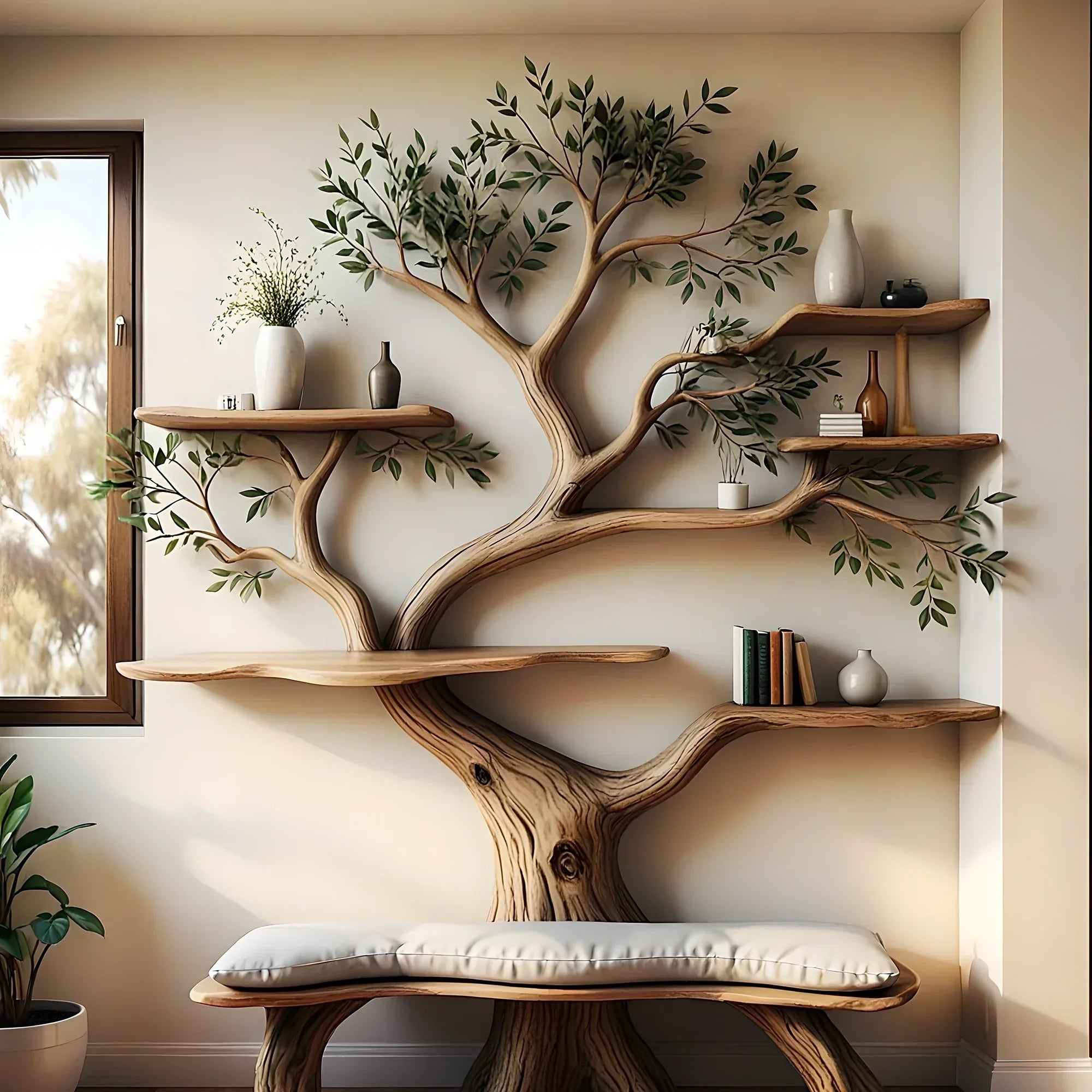 Tree shaped bookshelf made from driftwood and solid wood 