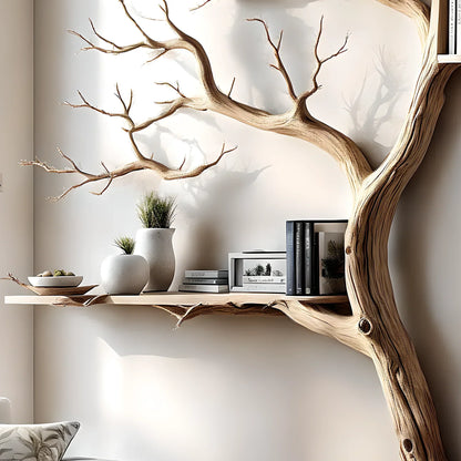 Tree-shaped bookshelf with box-shaped shelf decorates the corner of the wall 