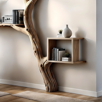 Tree-shaped bookshelf with box-shaped shelf decorates the corner of the wall 