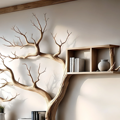 Tree-shaped bookshelf with box-shaped shelf decorates the corner of the wall 