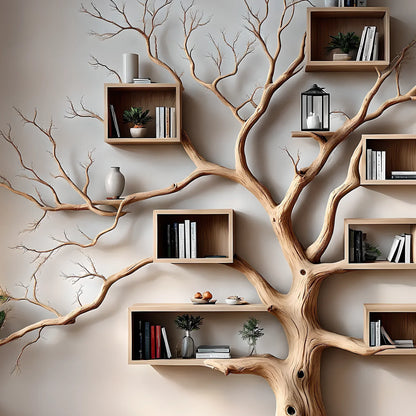 Tree-shaped bookshelf with box shelf, tree-shaped bookshelf, square floating shelf, home decoration 
