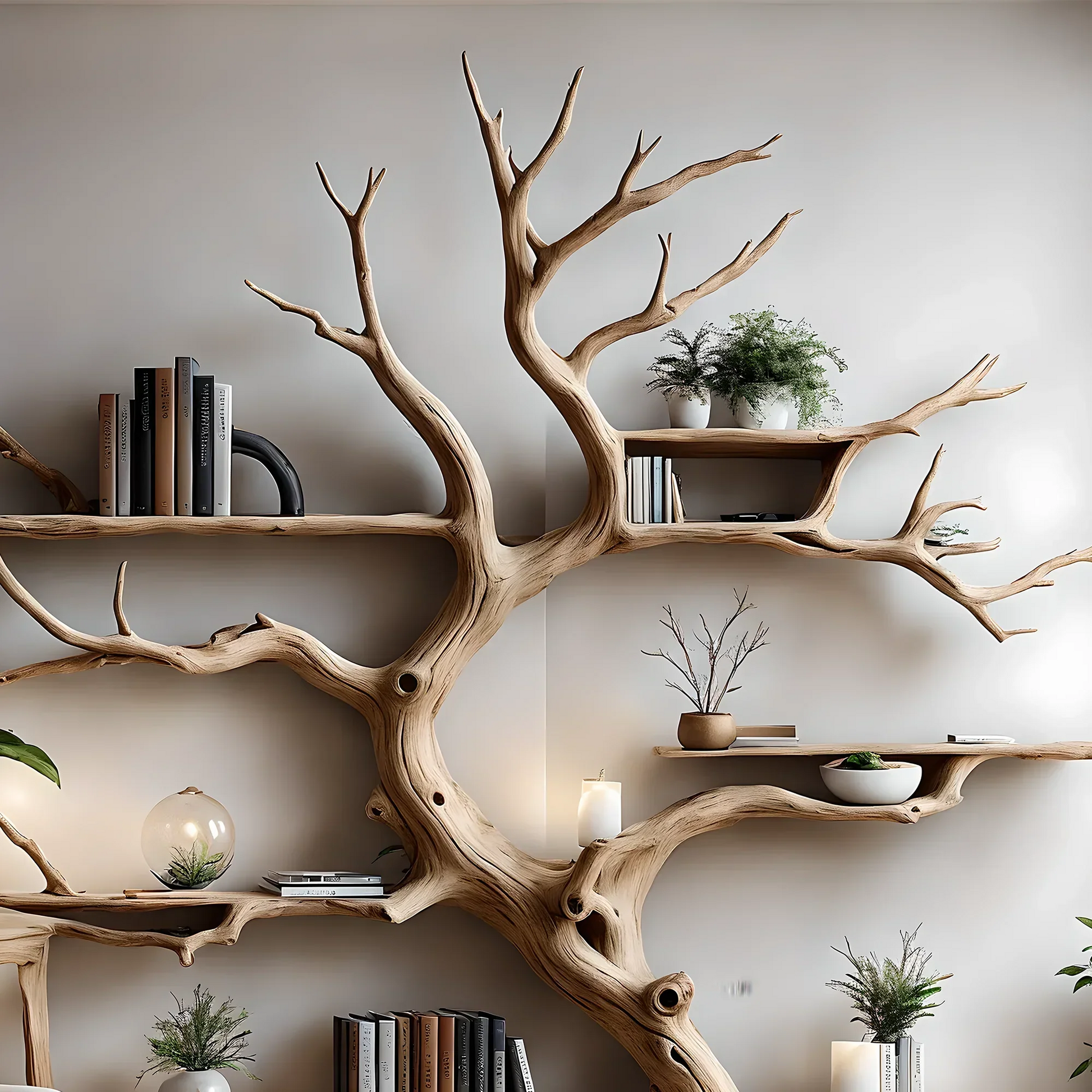 Tree-shaped driftwood bookshelf, solid wood bookshelf, perennial wood bookshelf, living room decoration shelf, home decoration 
