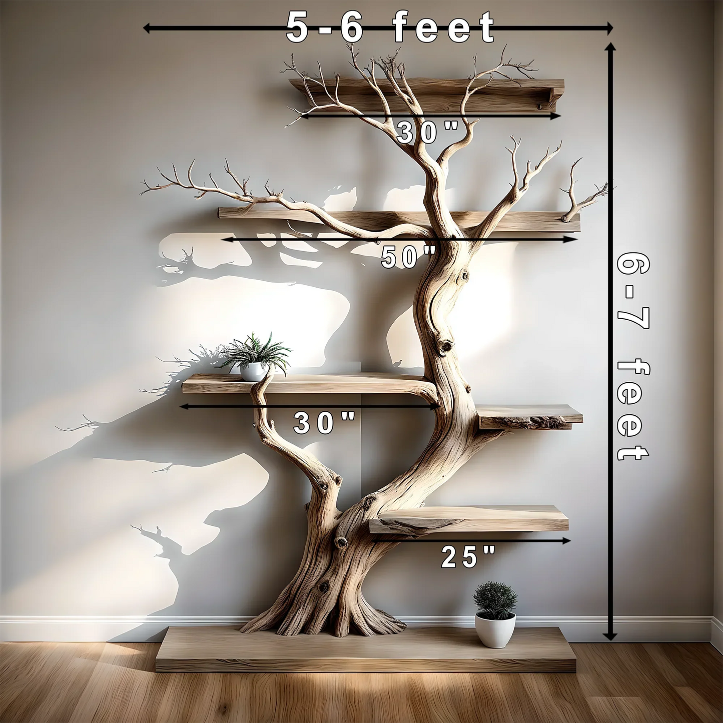 Tree-shaped natural wooden shelves, walnut wood, solid tree shelves, 