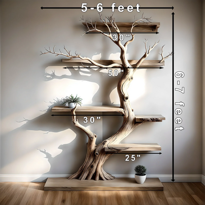 Tree-shaped natural wooden shelves, walnut wood, solid tree shelves, 
