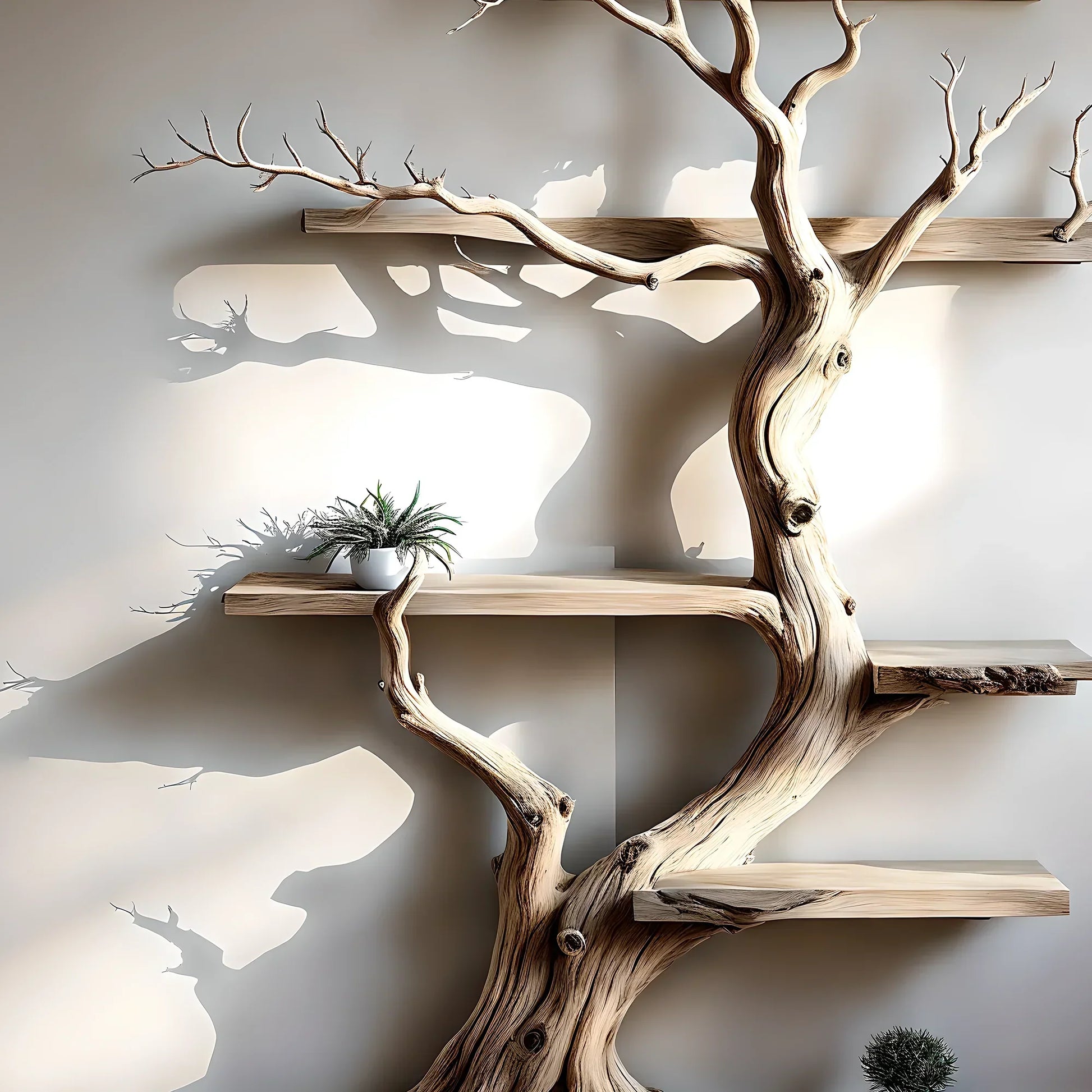 Tree-shaped natural wooden shelves, walnut wood, solid tree shelves, 