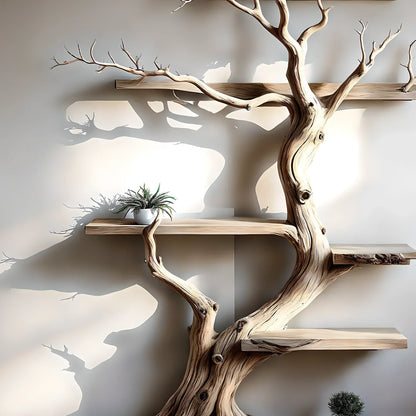 Tree-shaped natural wooden shelves, walnut wood, solid tree shelves, 
