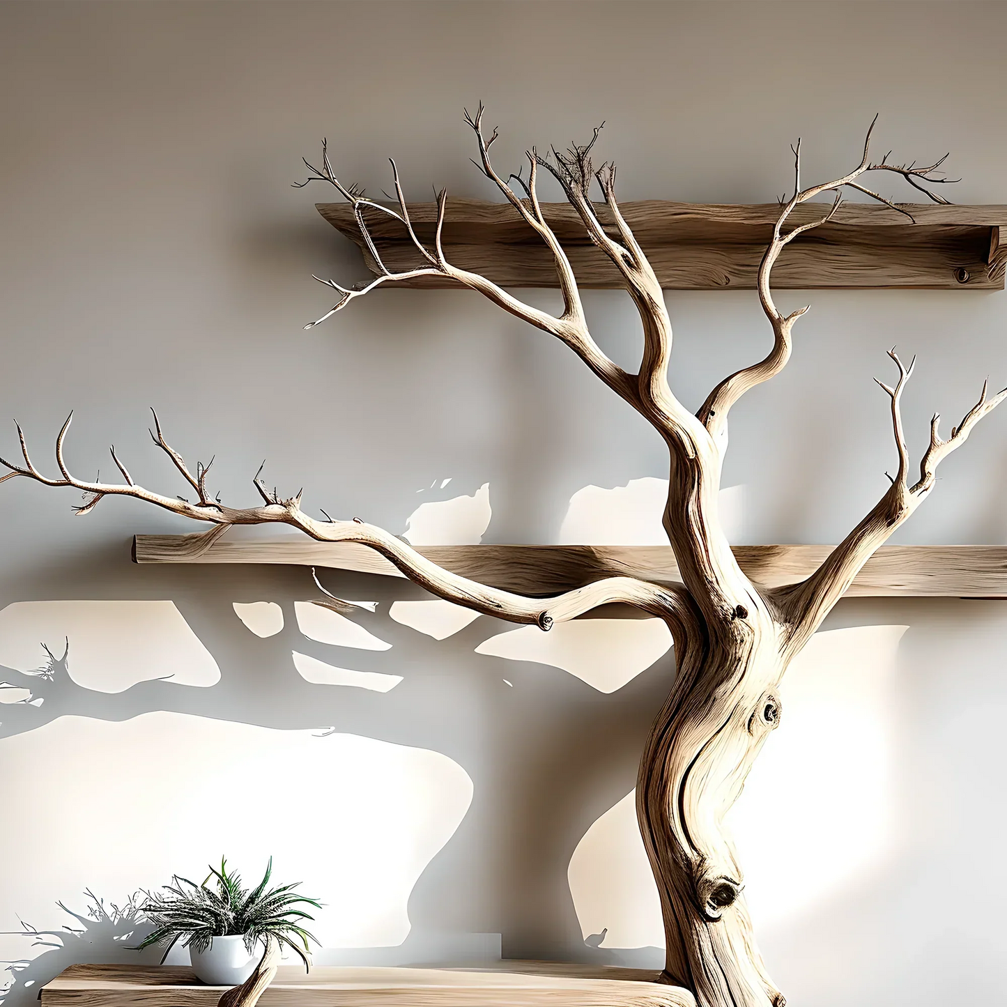 Tree-shaped natural wooden shelves, walnut wood, solid tree shelves, 