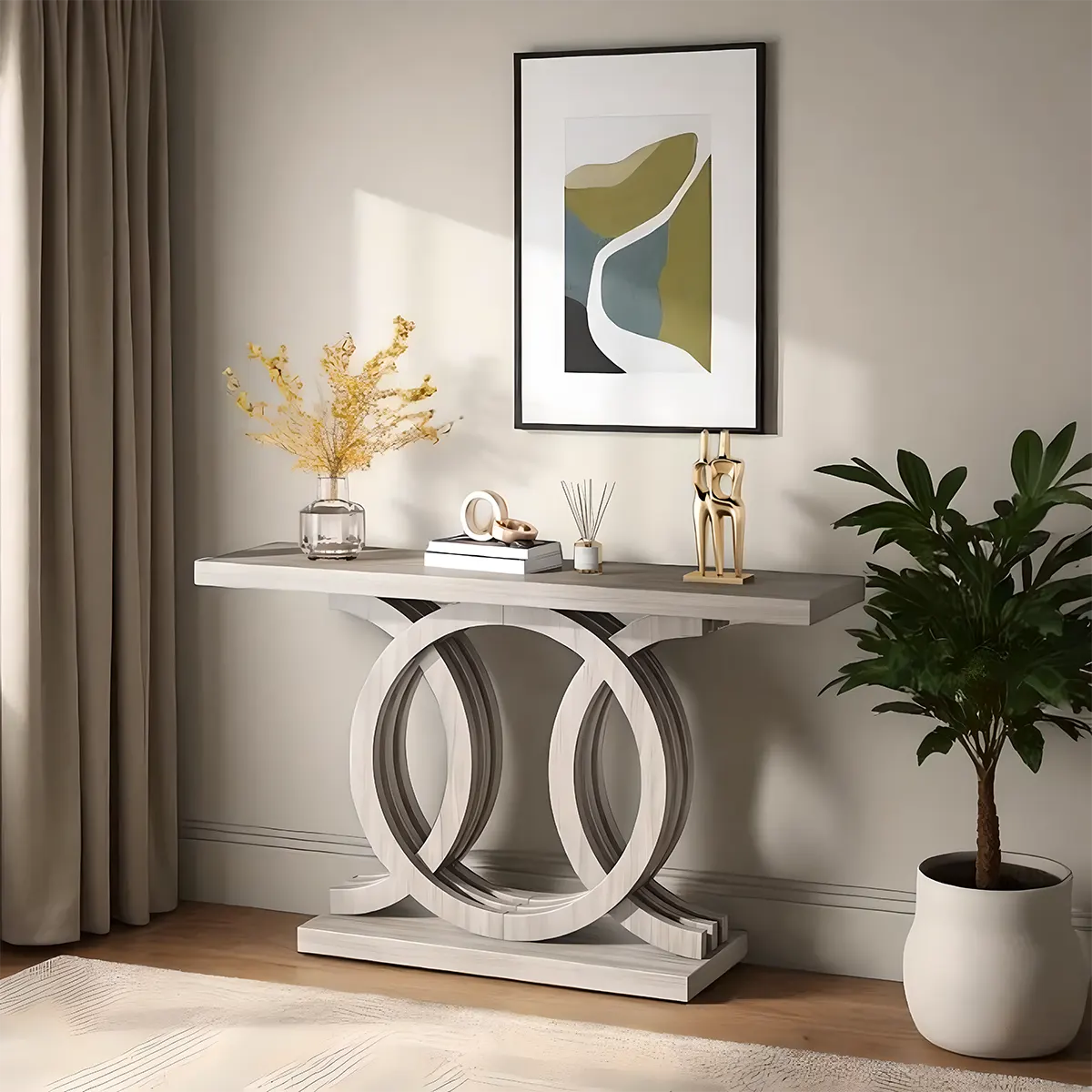 Modern Double-Circle Base Console Table – Light Wood Finish, 55" Wide Entryway Accent 