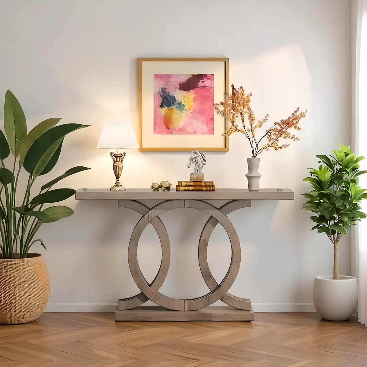 Modern Double-Circle Base Console Table – Light Wood Finish, 55" Wide Entryway Accent 