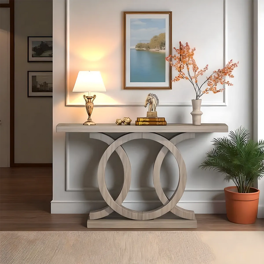 Modern Double-Circle Base Console Table – Light Wood Finish, 55" Wide Entryway Accent 