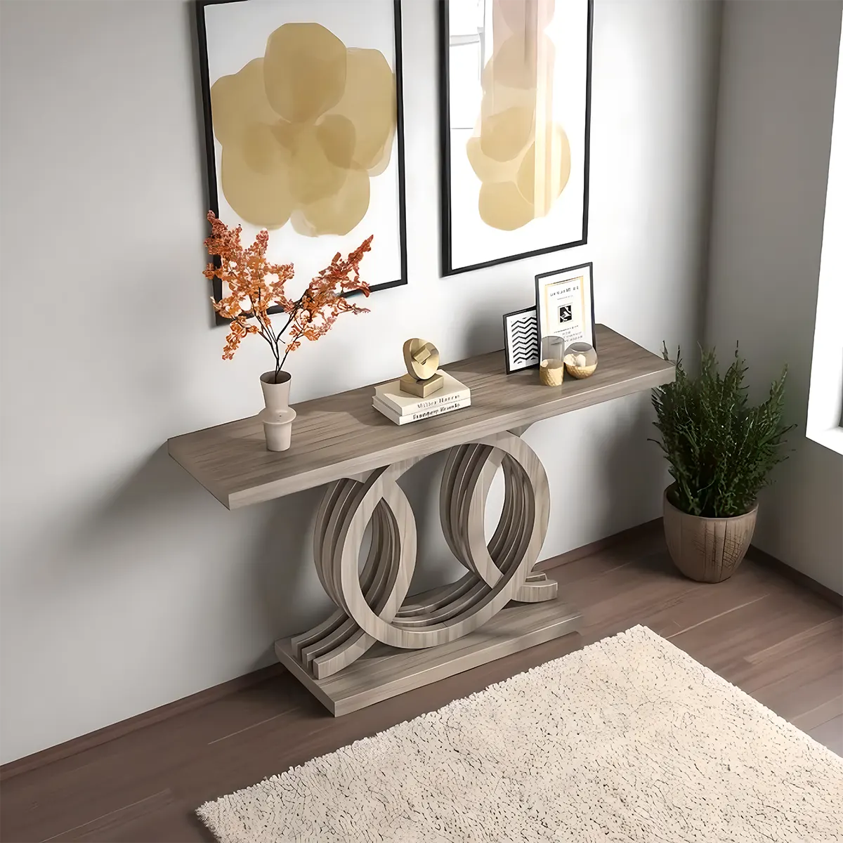 Modern Double-Circle Base Console Table – Light Wood Finish, 55" Wide Entryway Accent 