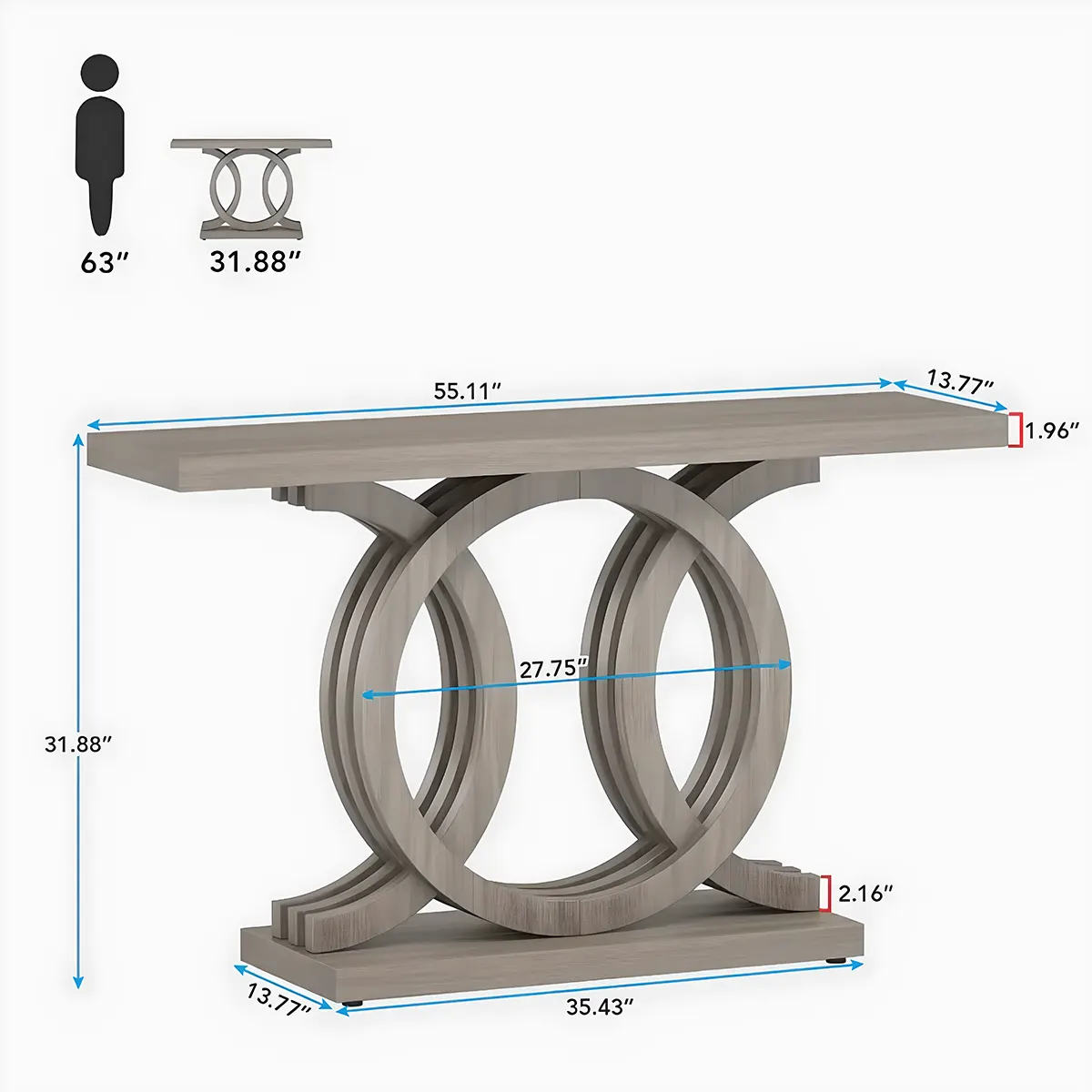 Modern Double-Circle Base Console Table – Light Wood Finish, 55" Wide Entryway Accent 