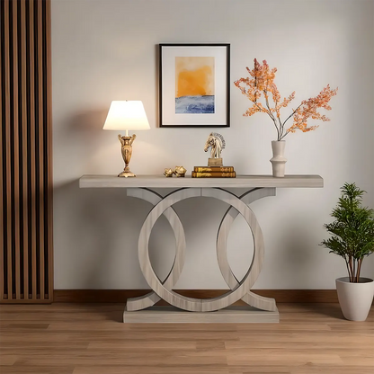 Modern Double-Circle Base Console Table – Light Wood Finish, 55" Wide Entryway Accent 